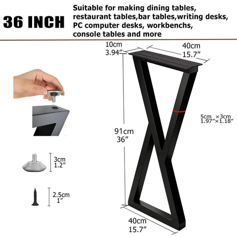 36 Inch Metal Bar Table Legs Set Of Two Sturdy Black Counter Height Support Legs For Coffee Tables Dining Tables And Desks With Adjustable Protector Feet And Beefy Heavy Duty Construction For Real Stability, featuring a hand adjusting a foot with detailed dimensions.