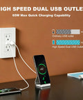 No-Nonsense Heavy-Lifting 65W GaN PD Fast Charging USB Wall Outlet With Dual Type C And Type A Ports Tamper Resistant Child Safe Protection Built For Daily Grind 10 Pack, white wall outlet in use with smartphone charging.