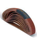 Three Eighths Inch By Thirteen Inch Sanding Belts Ten Pack 150 Grit Aluminum Oxide rolled stack on white background