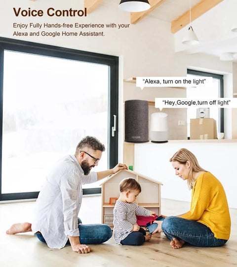 Amazon Echo-style smart speaker on a shelf in a bright living room with a family and a child playing.