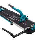 Tile cutter with 48-inch single rail, teal handle, ruler scale, and adjustable clamps on black bed