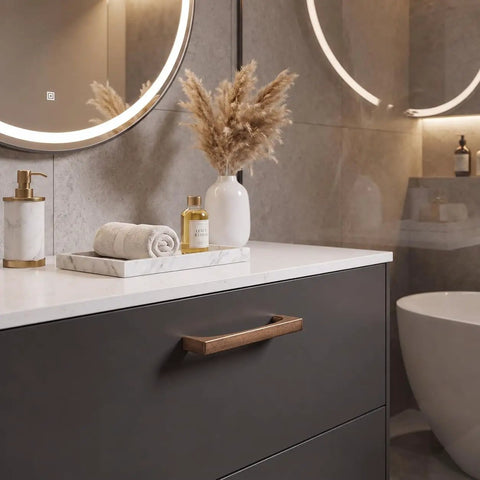 Badass Heavy Duty Two Pack Antique Brass Cabinet Pulls With 3 Inch Spacing Top Grade Zinc Alloy Build Smooth Operation For Kitchens Cupboards Drawers And Bathroom Vanity Setups on drawer in modern bathroom.