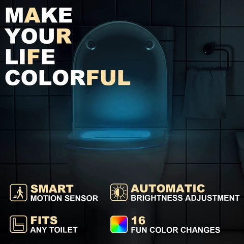 Toilet LED Light With Motion Sensor 16 Color Changing Glow Bowl Inside Night Light For Bathroom 2 Pack Cool Funny White Elephant Gag Gift For Dad Teen Boy Girl Men Women, glowing toilet with text about features.