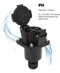 Type 1 EV Charging Socket Black AC Charger Connector SAE J1772 16A 32A IP54 weatherproof with cover open.