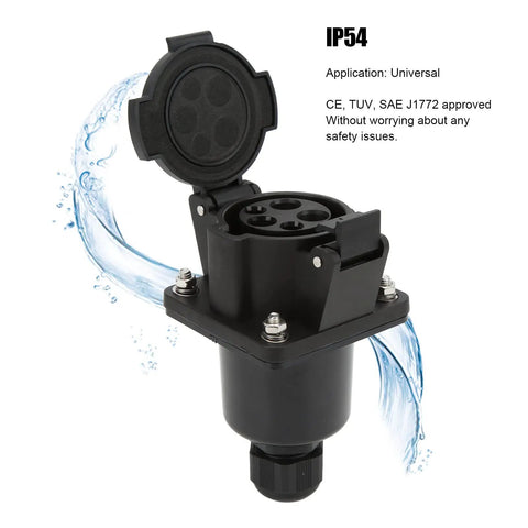 Type 1 EV Charging Socket Black AC Charger Connector SAE J1772 16A 32A IP54 weatherproof with cover open.