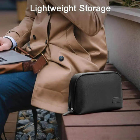 Road Ready Everyday Carry Tech Organizer Bag For Cable Cords And Charger Gear Hard Shell Case with secure elastic sleeves on a bench.