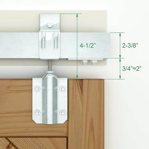 Close-up of rugged galvanized steel exterior double sliding barn door hardware kit for outdoor use with box track system.