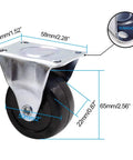 Heavy Duty 4 Piece 2 Inch Rubber Caster Wheels With Rigid Fixed Non Swivel Top Plate For Furniture, detailed dimensions