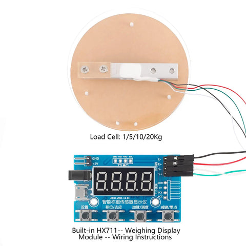 HX711 Digital Load Cell Module With Display 24 Bit Analog To Digital Weight Sensor Board shown with circular load cell and wiring setup