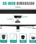 Dimensions of 36 Inch Black Stainless Steel Linear Shower Drain With Removable Square Hole Pattern Cover Grate, 304 Stainless