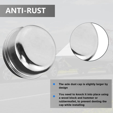 Two 1.98-inch trailer hub dust caps, chrome metal, anti-rust finish; close-up view.