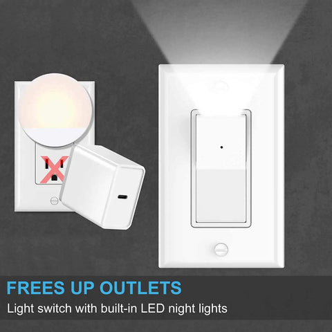 10 Pack Light Switch With LED Night Light And Auto On Off Sensor, 15 Amp Rocker Single Pole Wall Switch