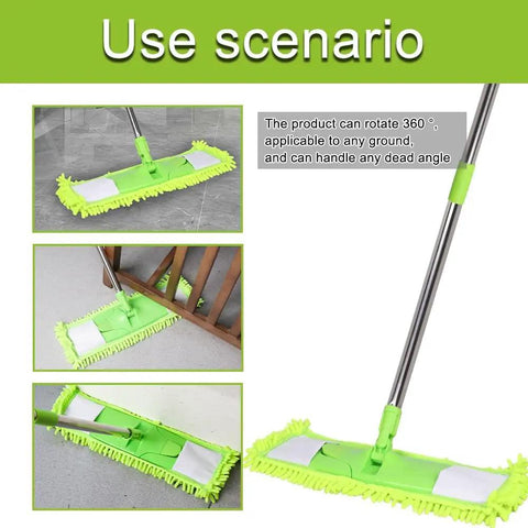 All Purpose Floor Dust Mop With 58 Inch Extendable Handle And Washable Chenille Pads, green mop shown in various cleaning scenarios