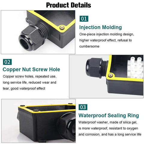 Product details of Waterproof Junction Box 2 Pack IP68 Outdoor Underground Plastic Electrical Box showing injection molding, copper nut screw hole, and sealing ring