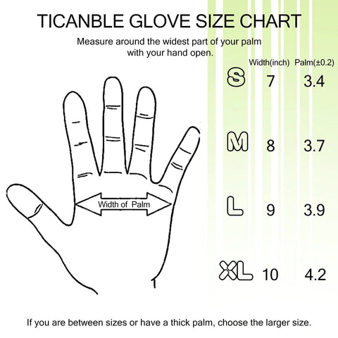Ticanble glove size chart showing measurements for S, M, L, XL, related to Three Pair Level Five Cut Resistant Gloves With Nitrile Coated Grip.