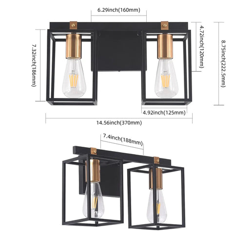 Two Light Over Mirror Bathroom Light Fixture In Rustic Farmhouse Style Industrial Metal Cage Wall Sconce With Matte Black Frame And Antique Brass Accents 14.56 Inch Length Dope Vintage Vanity Lighting For Bathrooms