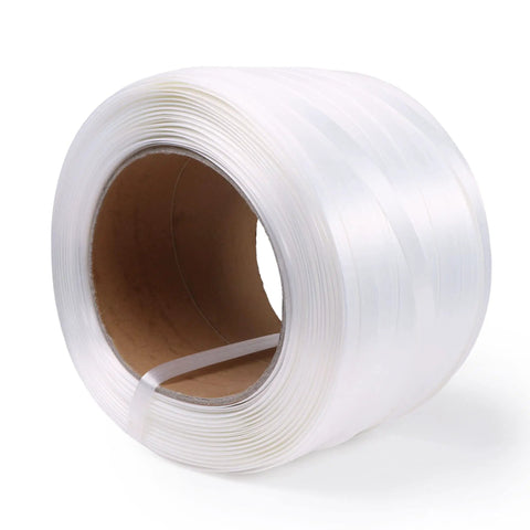 Heavy Duty Pallet Strapping Kit With 3/4 Inch X 1640 Ft Polypropylene Woven Cord Coils and 300 Metal Buckles Plus Rock Solid Tensioner Tool, clear polypropylene strap roll.