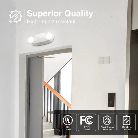 6 Pack Hardwired LED Emergency Lights With Battery Backup, Two Adjustable Heads, UL 924 Certified, wall-mounted above door
