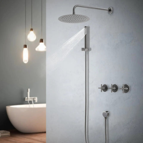 Wall Mounted Shower System 10 Inch Rain Shower Set Stainless Steel with soft spray and modern fixtures in a bathroom.