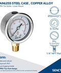 SenCTRL 0-15 psi low pressure gauge with 2-inch dial, stainless steel case, 1/4 in NPT lower mount, waterproof