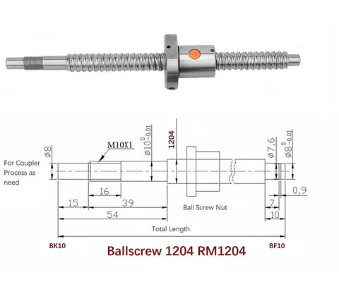 Diagram of 12mm CNC Ballscrew Kit SFU1204 RM1204 showing dimensions and nut placement for NEMA 23 motor