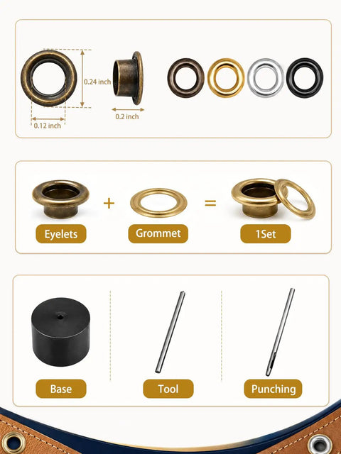 Built Dang Tough 420 Leather Grommet And Eyelet Kit showing various eyelets and punching tools for fabric use.