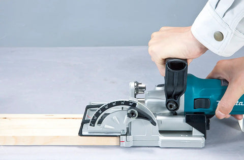Killer 18V Cordless Biscuit Jointer in use on wood, showcasing precise slot cuts and adjustable depth settings.