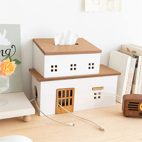 Decorative wooden cable management box resembling house, with USB cable, Wooden Cable Management Box For TV And Computer Setup Hidden Cord Organizer And Power Strip Storage Slick Home Office Cable Box With Charging Hole Durable Concealer For Clean Tidy Cords Style 2