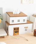 Hidden Cable Management Box Organizer for Home Office and TV Setup, wooden style, shown on desk with cords and tissue opening.