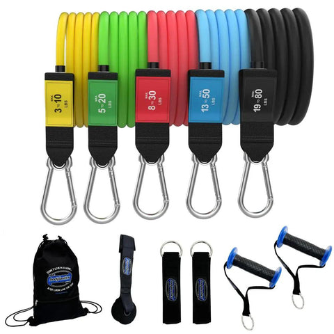 Pro Series Resistance Band Set With Five Bands, Handles, Ankle Straps, Door Anchor And Carry Bag, Built Tough With Snap Reduction Tech And Patented Safety Cord, Ranging From 3 To 190 Lbs Of Max Resistance