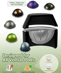 Reusable VertuoLine Capsule Kit For Nespresso Pods With 50 Aluminum Foil Seals Lids shown with sample pod designs
