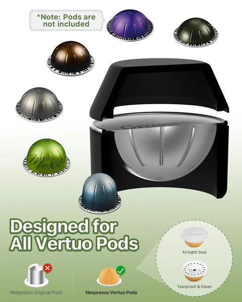 Reusable VertuoLine Capsule Kit For Nespresso Pods With 50 Aluminum Foil Seals Lids shown with sample pod designs