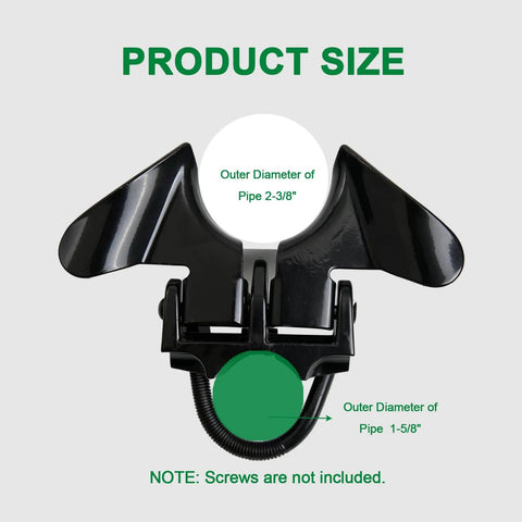 Wmebee Chain Link Fence Butterfly Gate Latch, Black Powder Coated showing product sizes for pipes 2-3/8" and 1-5/8".