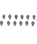 13 Piece ER11 Spring Collet Set 1mm to 7mm for Milling Lathe Chucks arranged in a row, showcasing each individual collet.