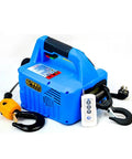 Heavy Lift Beast 500kg Electric Hoist And Portable Hand Winch Pair showing the blue hoist with remote and hooks.