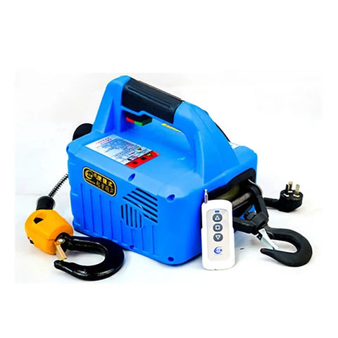 Heavy Lift Beast 500kg Electric Hoist And Portable Hand Winch Pair showing the blue hoist with remote and hooks.