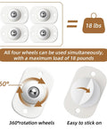 Diagram showing Eight Pack Self Adhesive Caster Wheels With 360 Degree Swivel and max load of 18 lbs, easy stick-on feature