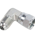 Heavy Duty 3/8 Inch 90 Degree Hydraulic Adapter Fitting Carbon Steel Precision 37 Degree Flare Male Female Thread SAE J514 Compliant Rotating Connection For Pro Mechanics And Car Guys Seeking Reliable Leak Free Operation With Durable Metal Built Tough.
