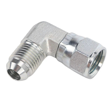 Heavy Duty 3/8 Inch 90 Degree Hydraulic Adapter Fitting Carbon Steel Precision 37 Degree Flare Male Female Thread SAE J514 Compliant Rotating Connection For Pro Mechanics And Car Guys Seeking Reliable Leak Free Operation With Durable Metal Built Tough.