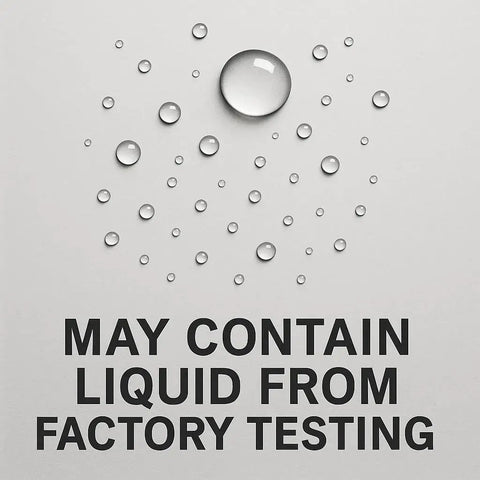 Water droplets on a surface with text 'May Contain Liquid From Factory Testing' for 3.0 GPM RV Water Pump 12V.