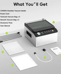 Chamber Vacuum Sealer with Large 6.8 Qt Chamber and 12 Inch Seal Bar, power cord, vacuum bags, accessory hose and manual.