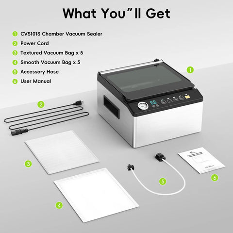Chamber Vacuum Sealer with Large 6.8 Qt Chamber and 12 Inch Seal Bar, power cord, vacuum bags, accessory hose and manual.