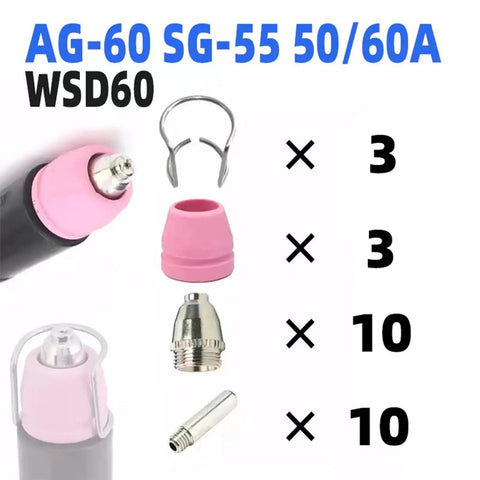 Replacement TIG Torch Consumables Kit with electrodes, nozzles, shielding cups, and guide rings for welding and cutting.