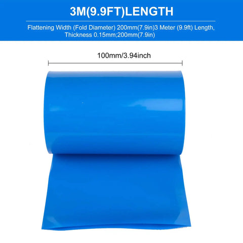 Blue PVC Battery Wrap Heat Shrink Tube For 18650 21700 26650 Lithium Cells And DIY Battery Packs Flat Width 3.9in 100mm Length 9.9ft 3m