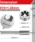 Dimensions of M10 x 1.25 Tap and Die Set for Precision Right Hand Threads with measurements and high speed steel material.