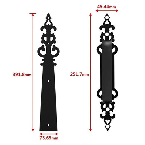 Heavy Duty Garage Door Hardware Kit Featuring Decorative Handles And Premium Steel Hinges Built To Run Clean And Shut Tough On Framed Or Frameless Wood Doors Every Time - Decorative black handle dimensions shown