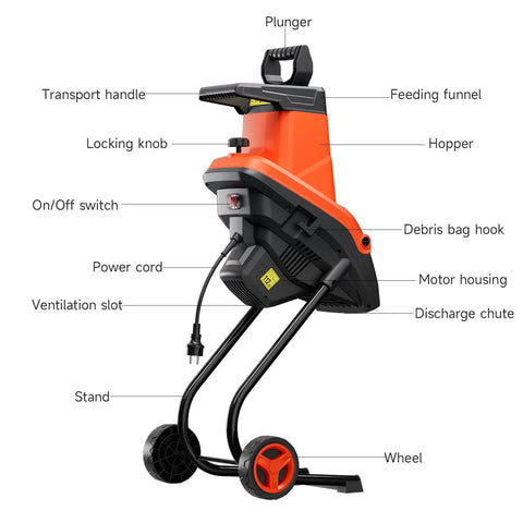 Beast 1800W Electric Wood Chipper Shredder For Yard Cleanup with labeled parts including hopper, knobs, and wheels