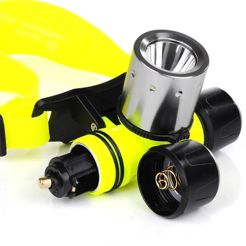 Waterproof Diving Headlamp 1200 Lumen Underwater Light For Swimming Camping Hiking Hunting Fishing With Rechargeable Battery And Charger Included Three Modes High Low Strobe All Around Workhorse Safety Head Light showing battery area