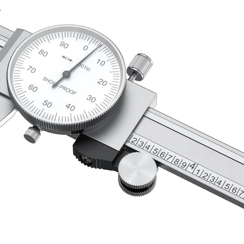 Close-up of Two Way Shockproof Dial Caliper 0-6 Inch Range With 0.001 Inch Resolution, dial and scale details visible