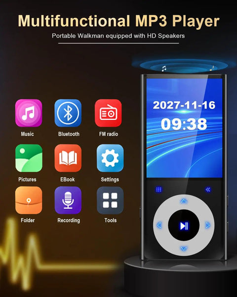 64GB MP3 Player With 2.4 Inch Screen And Built In Speaker Bluetooth Hi Fi Sound Expandable To 192GB display and icons